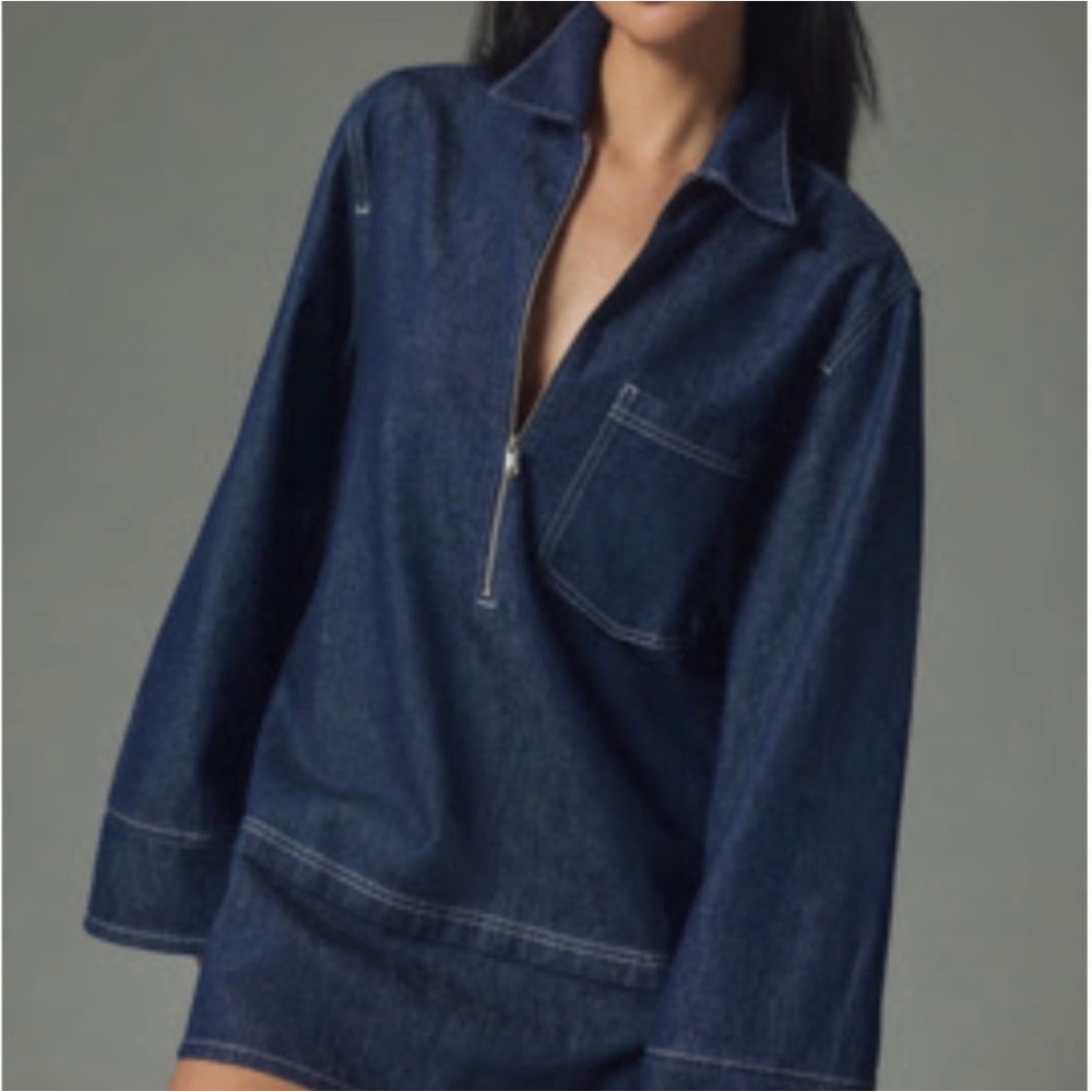 Anthropologie Pilcro Medium Denim mini dress long sleeve zipper jean pockets Lg - Picture 2 of 14